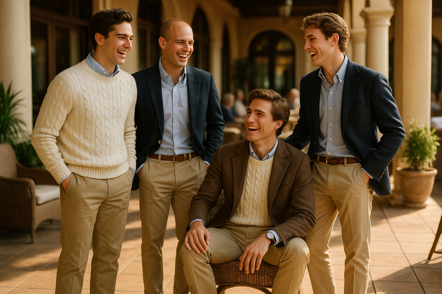 A GROUP OF 4 YOUNG MAN WEARING OLD MONEY STYLE FASHION LOOKING HAPPY IN A SOCIAL ENVIRONMENT