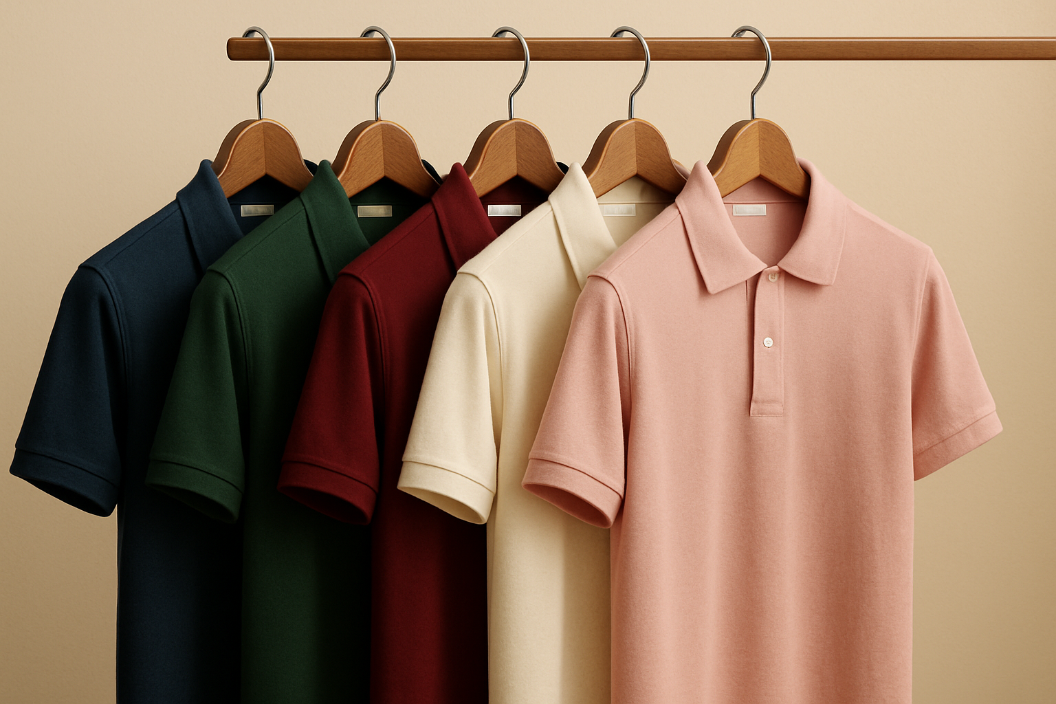 A SET OF DIFFERENT COLOURED OLD MONEY STYLE POLOS ON COAT HANGERS IN AN ELEGANT PLAIN COLORED BACKGROUND