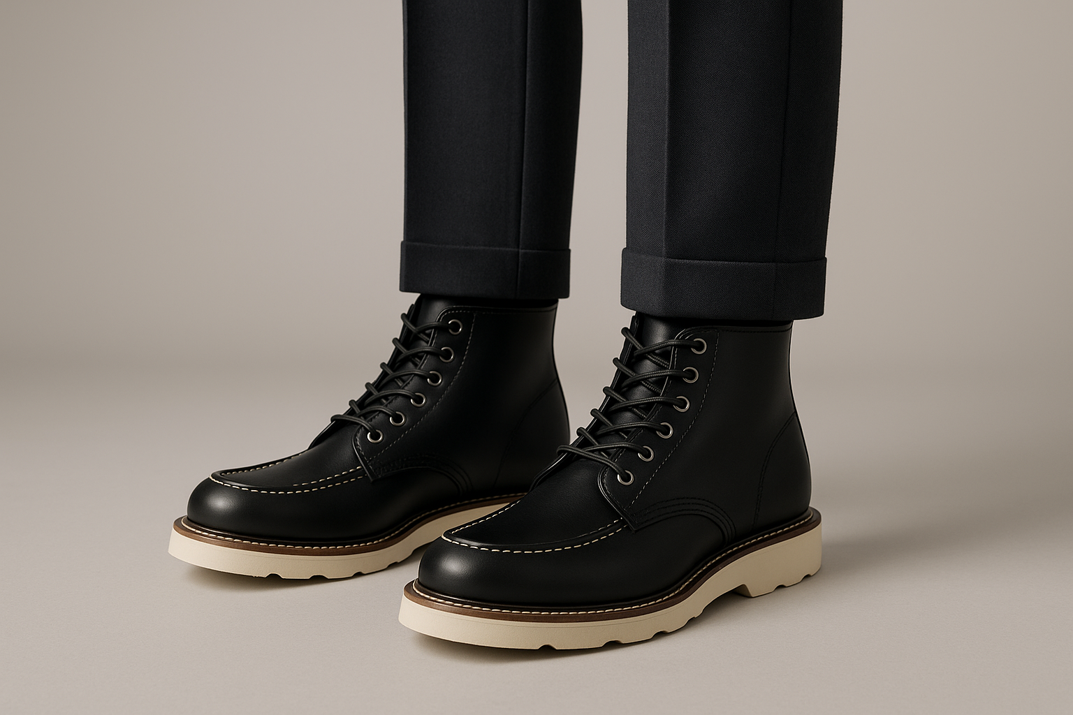 Black leather work boots with old money style tailored trousers