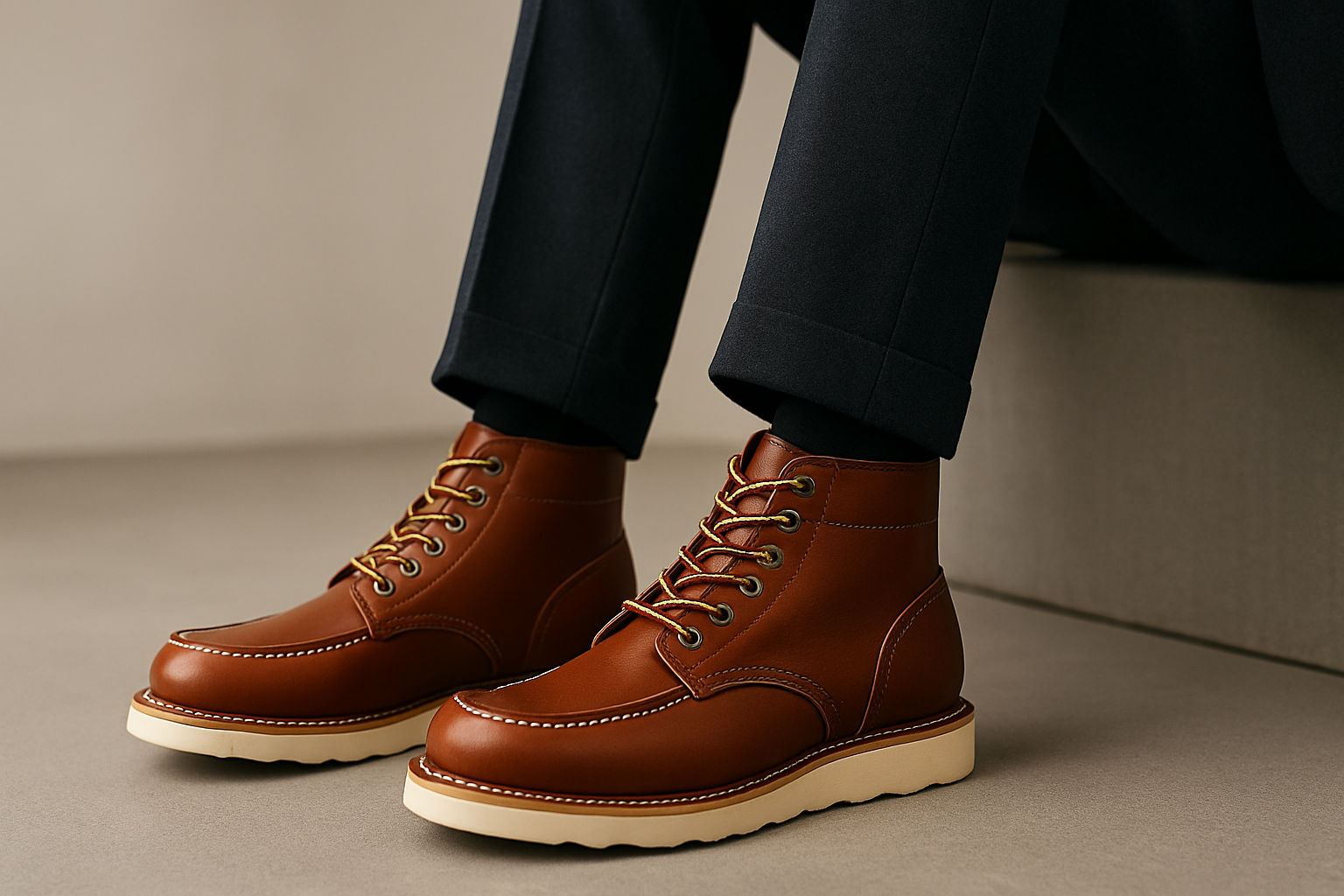 Brown leather work boots with old money style tailored trousers
