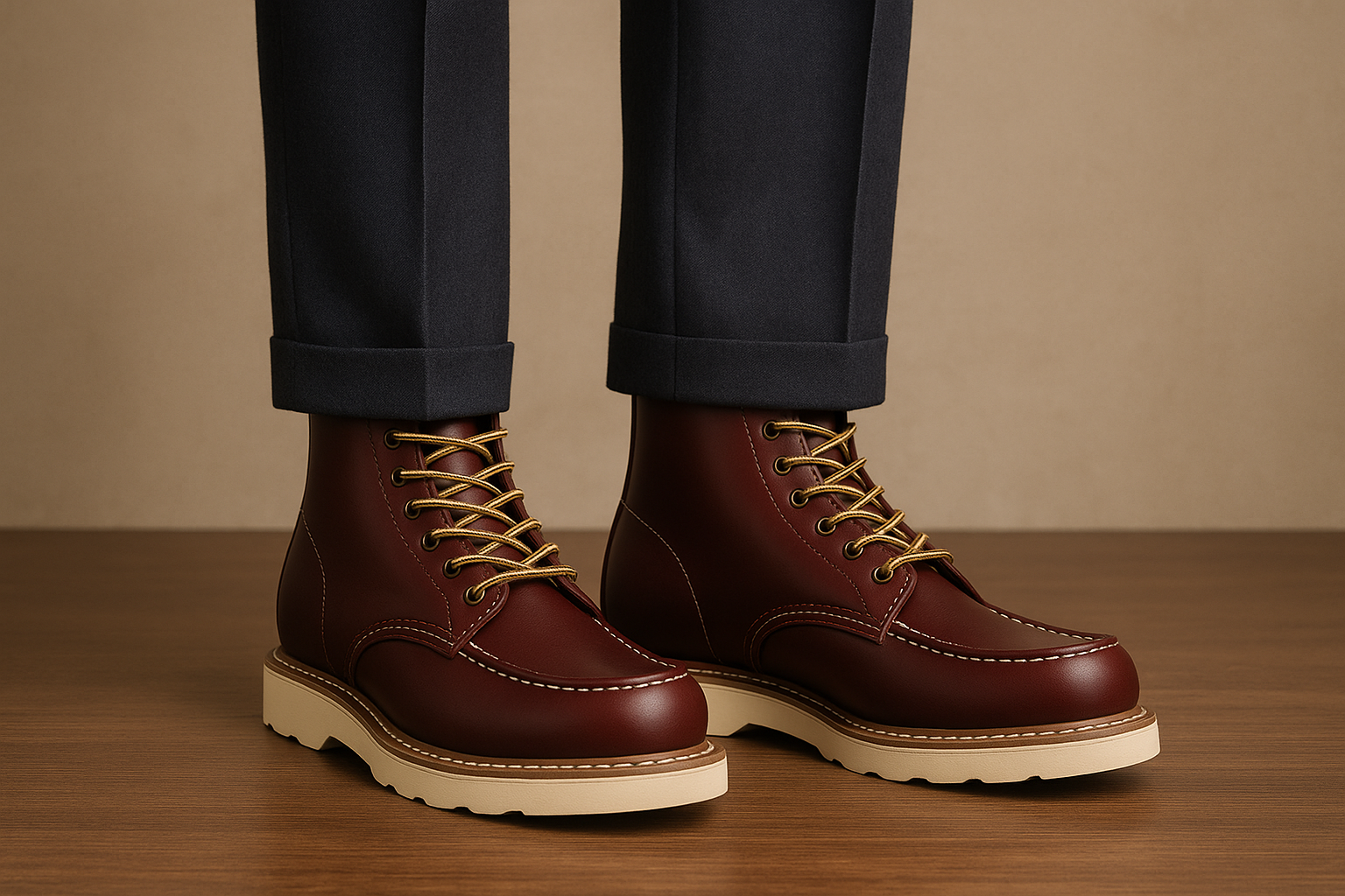 Burgundy leather work boots with old money style tailored trousers
