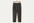 Charcoal gray wool tailored trousers with two buttons hanging on coat hanger
