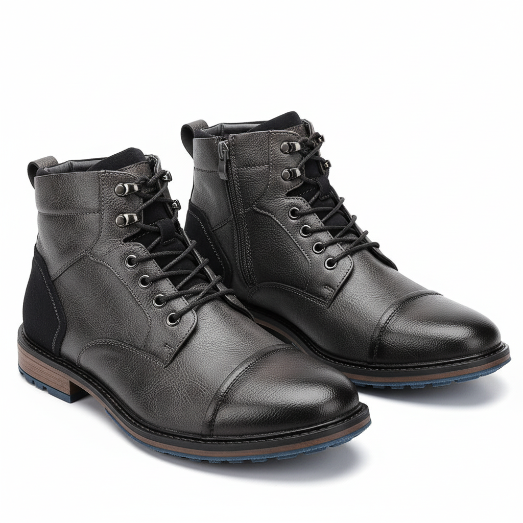 Pair of black leather boots on a white background