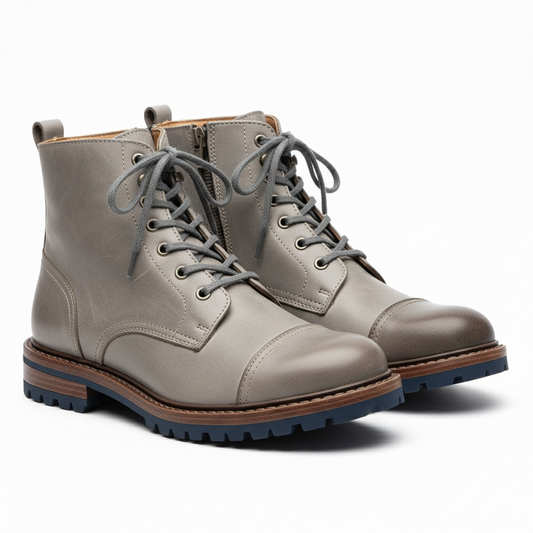 Light grey leather boots with white background