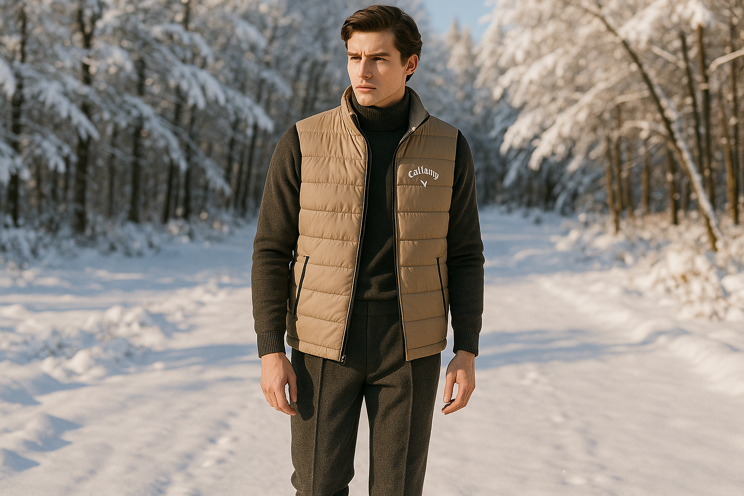 Young male model wearing beige quilted vest with old money slacks and boots in winter setting