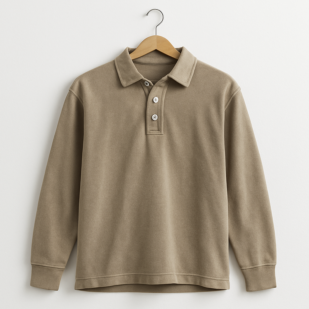 Generated image of beige polo shirt on coat hanger