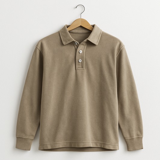 Generated image of beige polo shirt on coat hanger