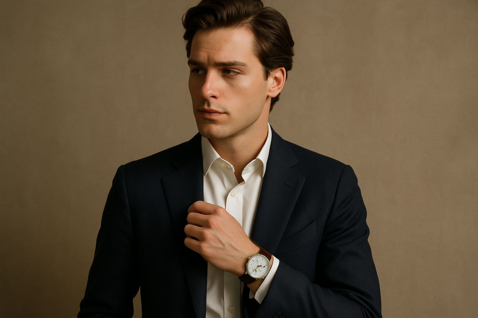 A modern, old money style, male model looking elegant with a nice watch