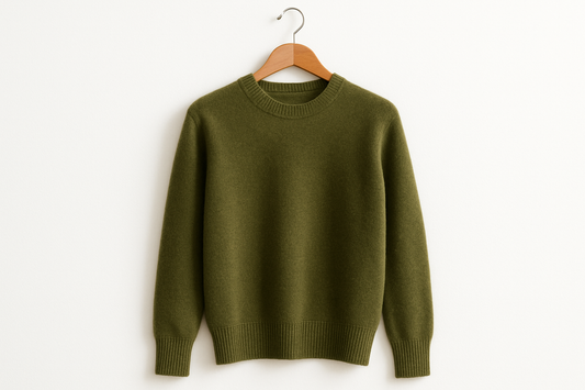army-green cashmere sweater on a coat hanger with white background