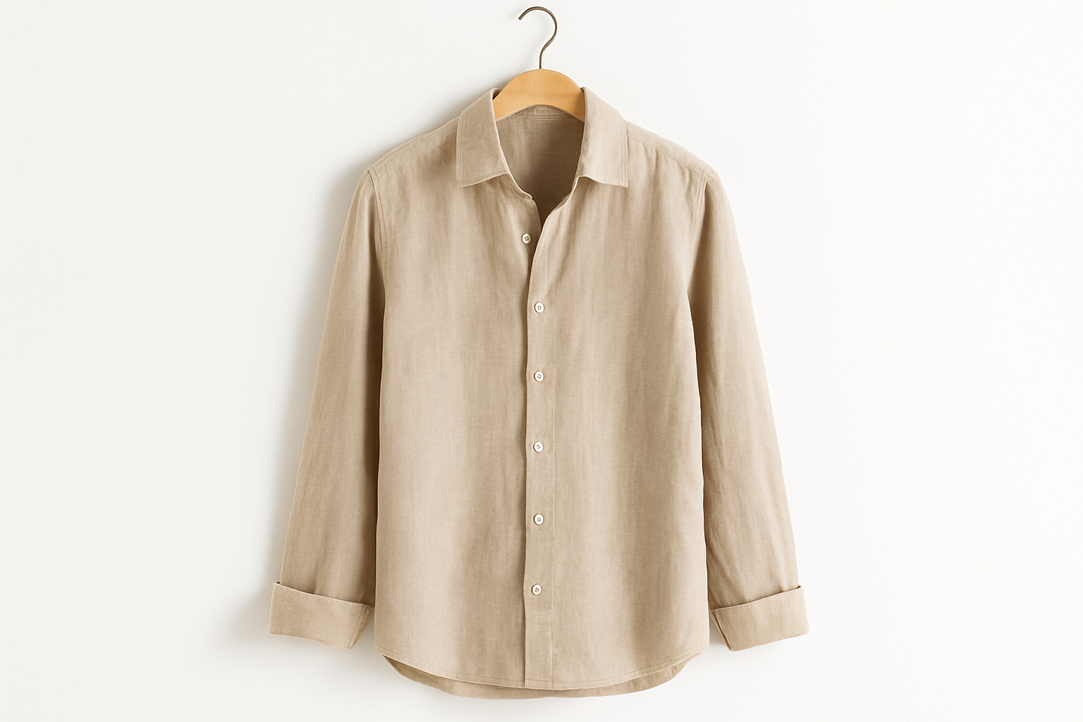Beige linen button-up shirt on coat hanger