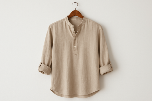 Beige linen henley shirt on coat hanger
