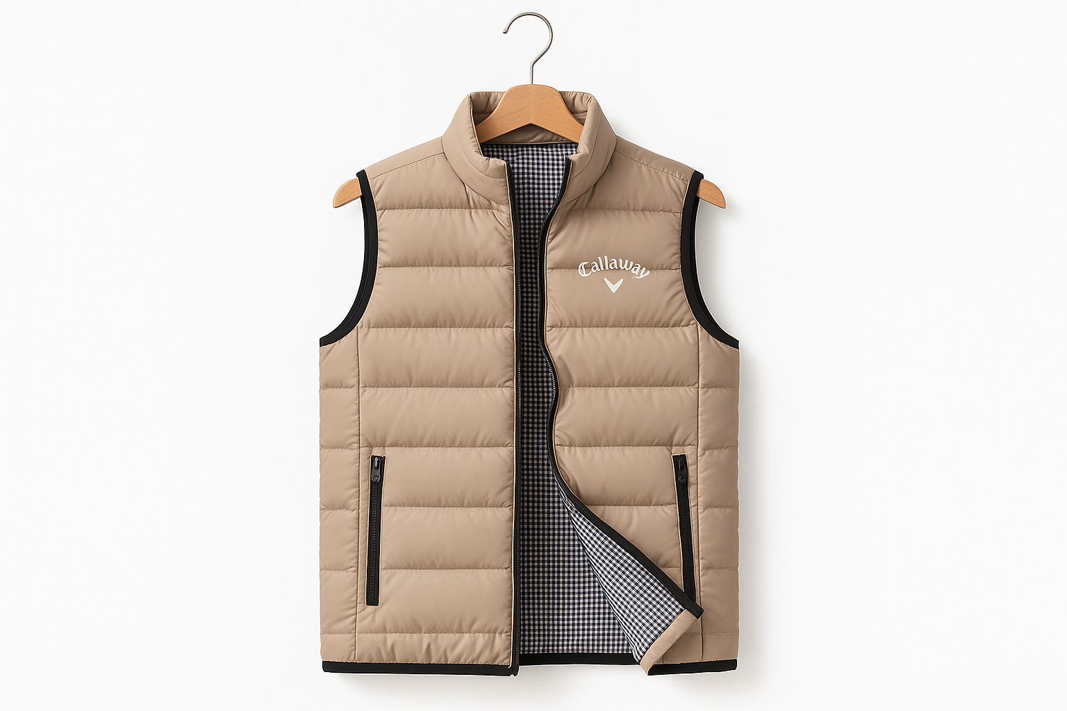 Beige quilted vest on hanger