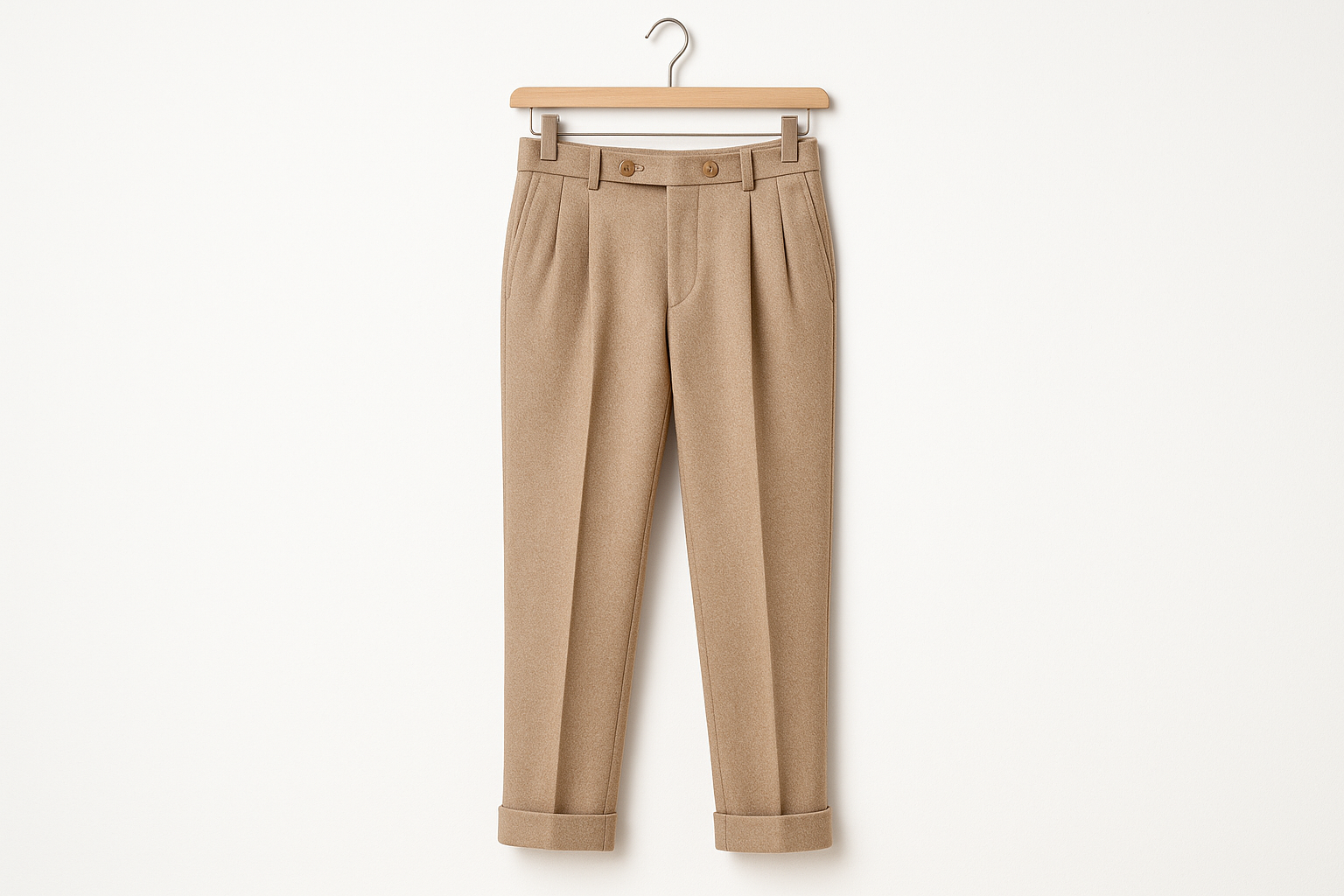 Beige tan wool tailored trousers hanging on coat hanger