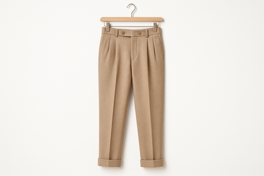 Beige tan wool tailored trousers hanging on coat hanger