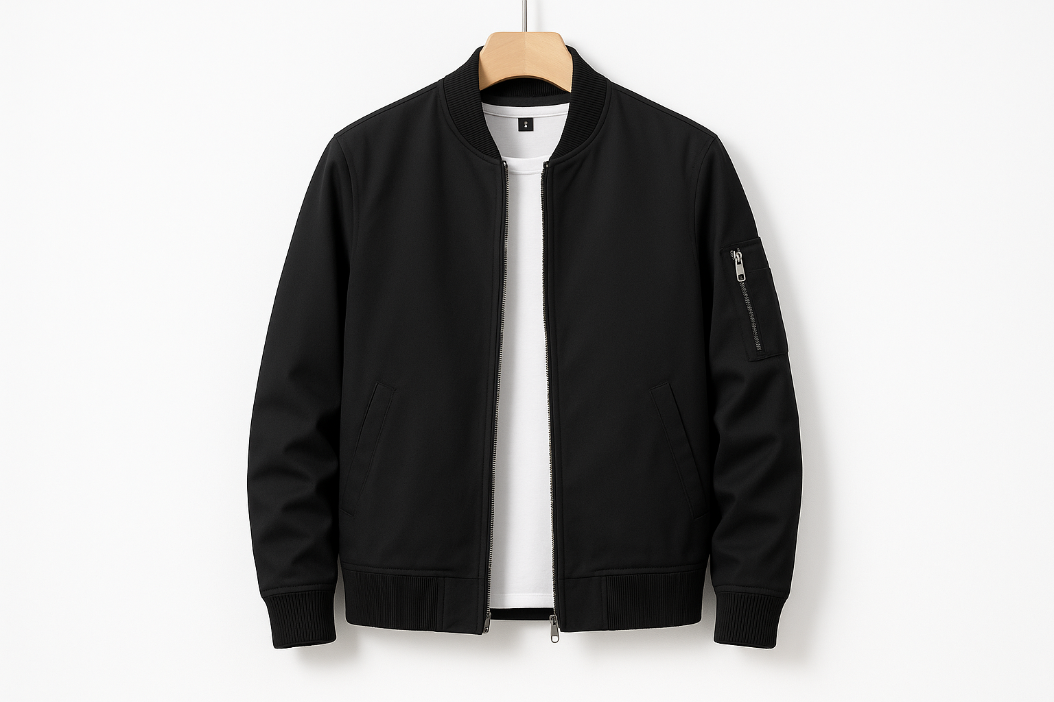 Black bomber jacket with black ribbed trim hanging on coat hanger