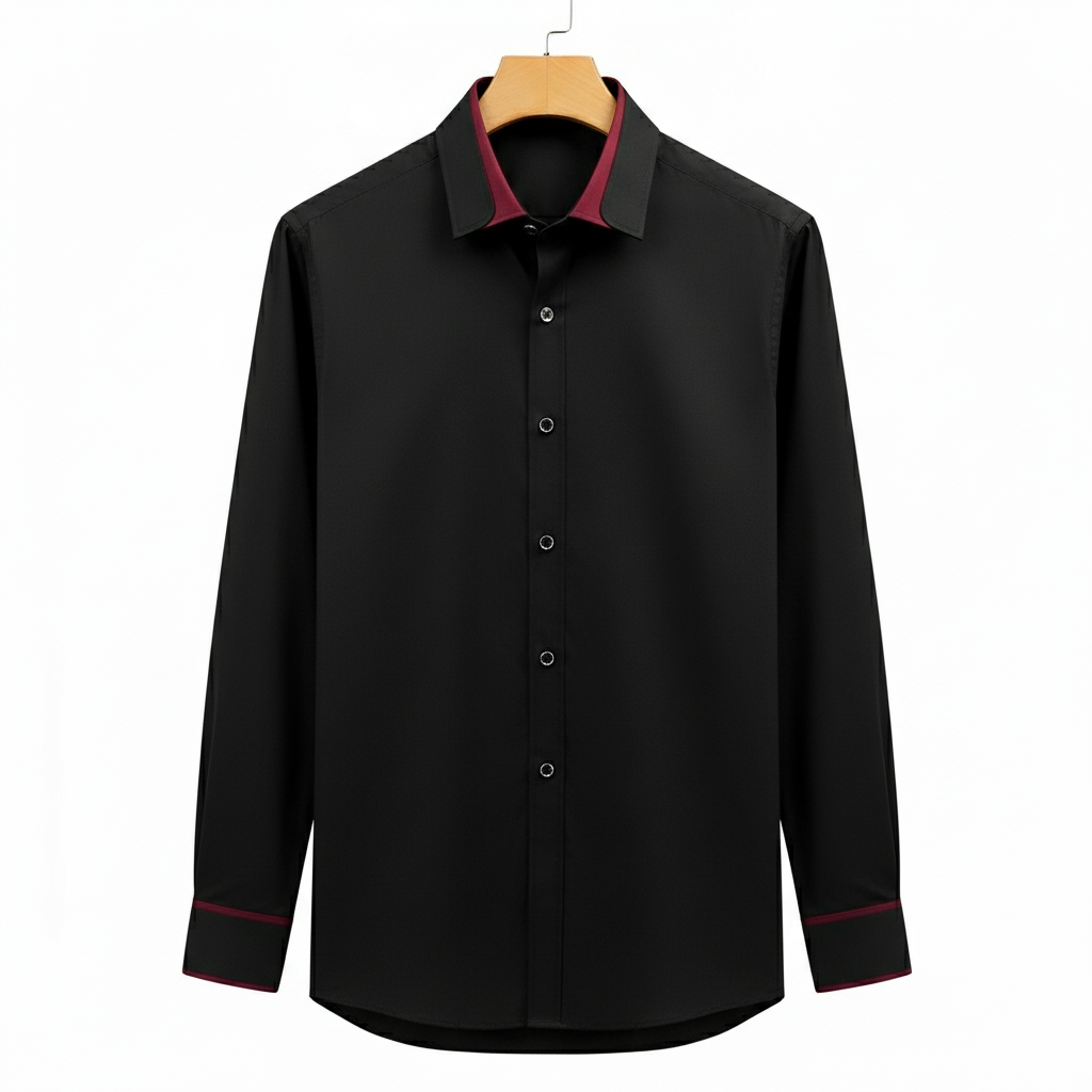 Black dress shirt with burgundy collar trim hanging on coat hanger
