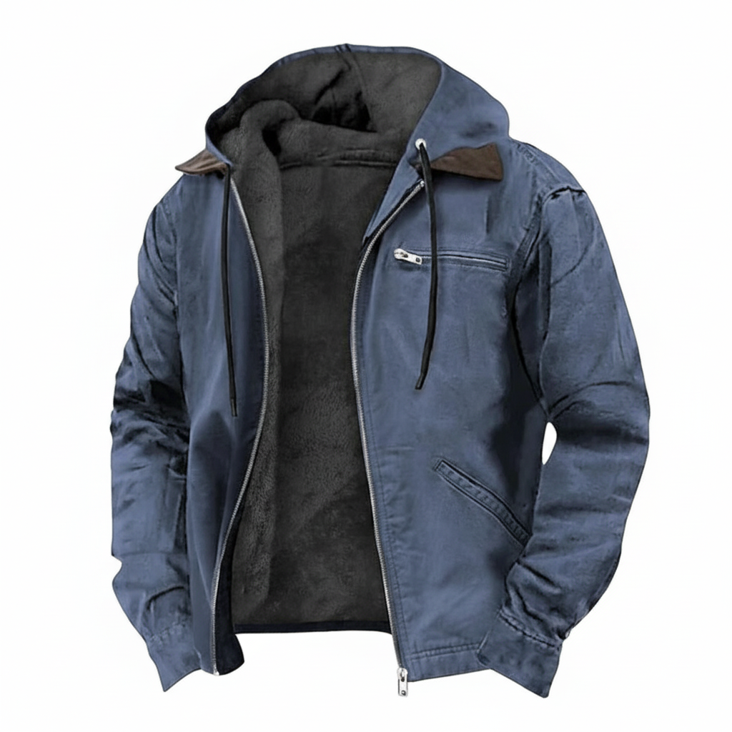 Blue leather jacket with white background