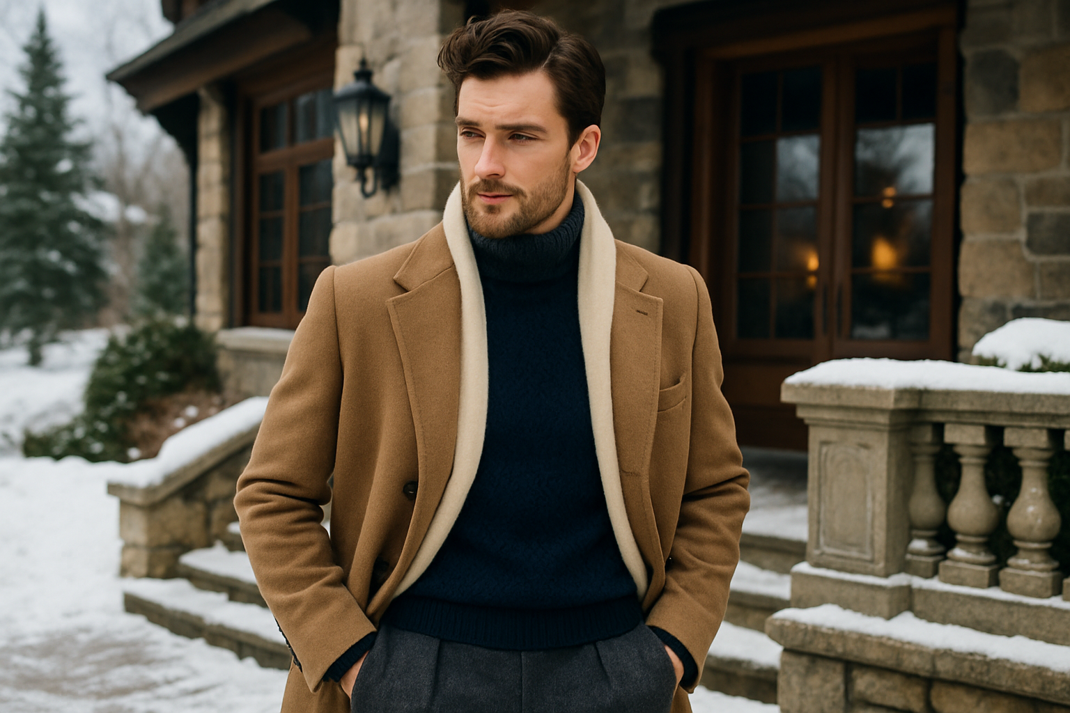 Brighter old-money style square image with male model for winter collection