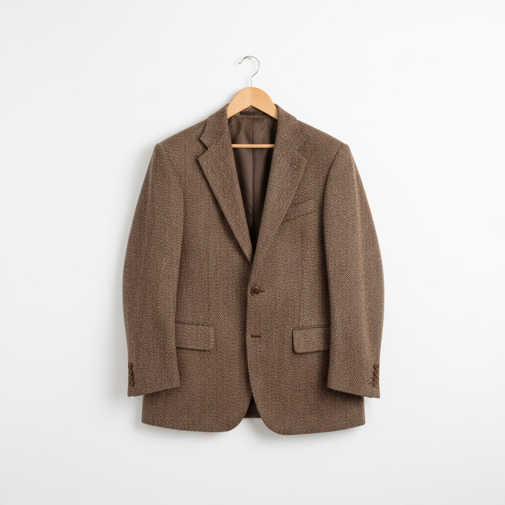 Brown herringbone tweed blazer on coat hanger