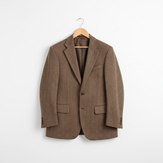Brown herringbone tweed blazer on coat hanger