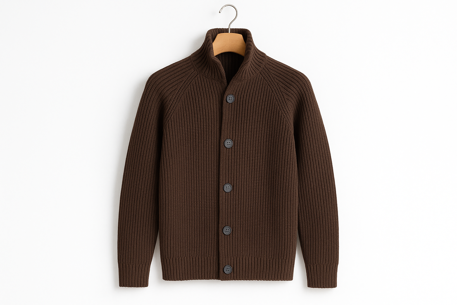 Brown ribbed knit cardigan hanging on coat hanger