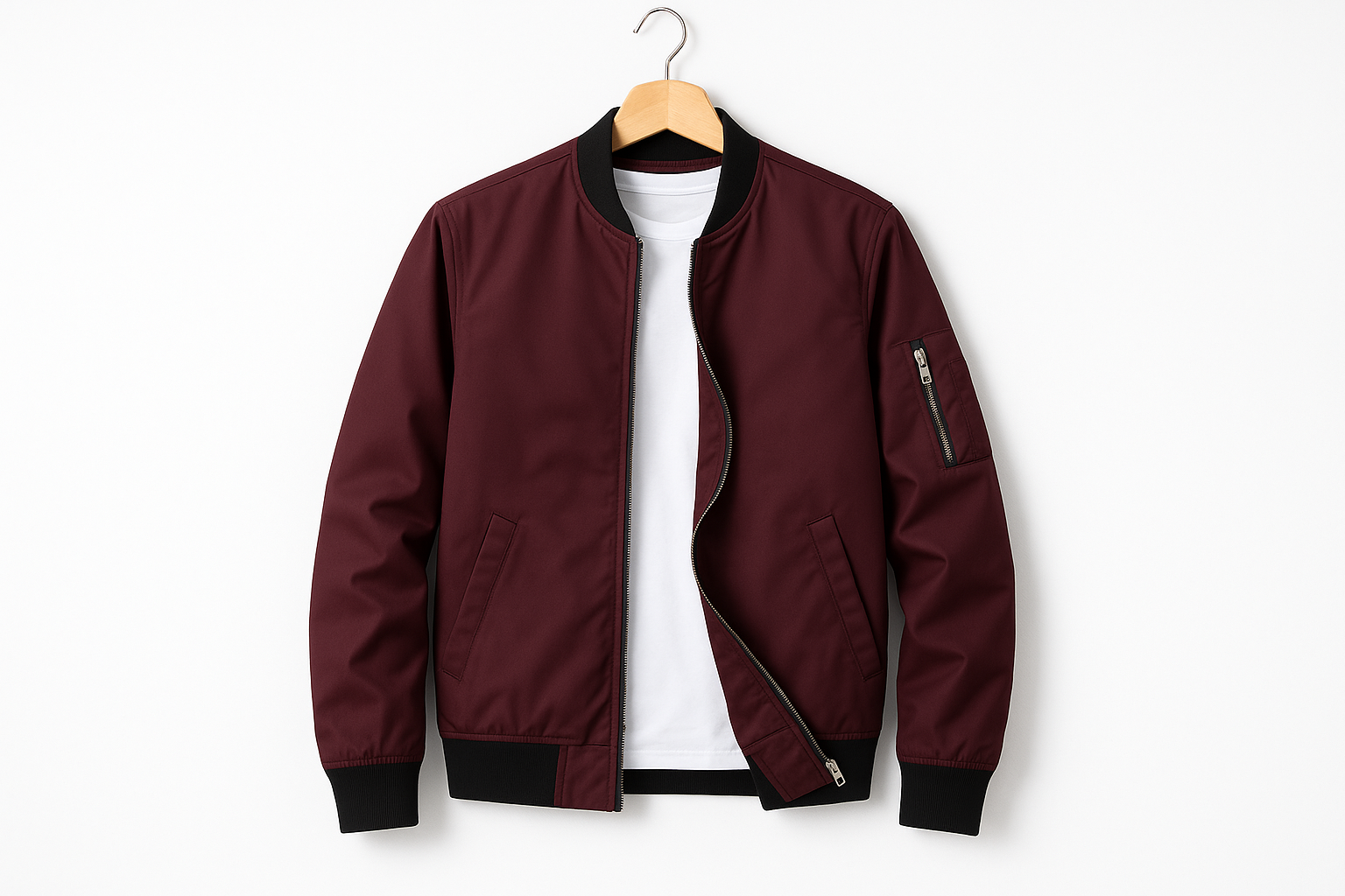 Burgundy bomber jacket with black ribbed trim hanging on coat hanger