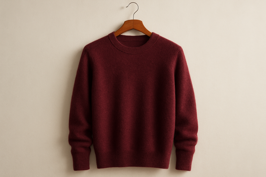 burgundy cashmere sweater on a coat hanger