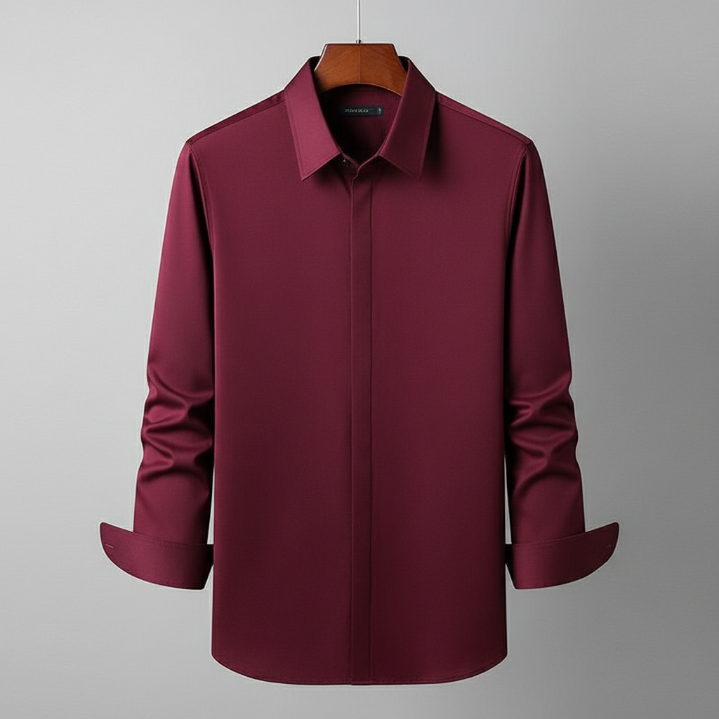 Burgundy dress shirt with hidden button front on hanger