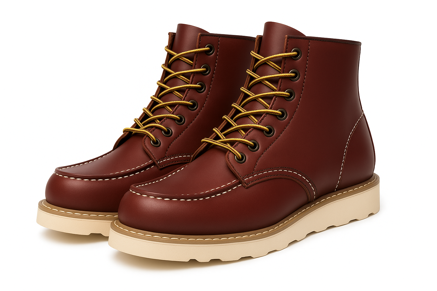 Burgundy leather work boots with white background