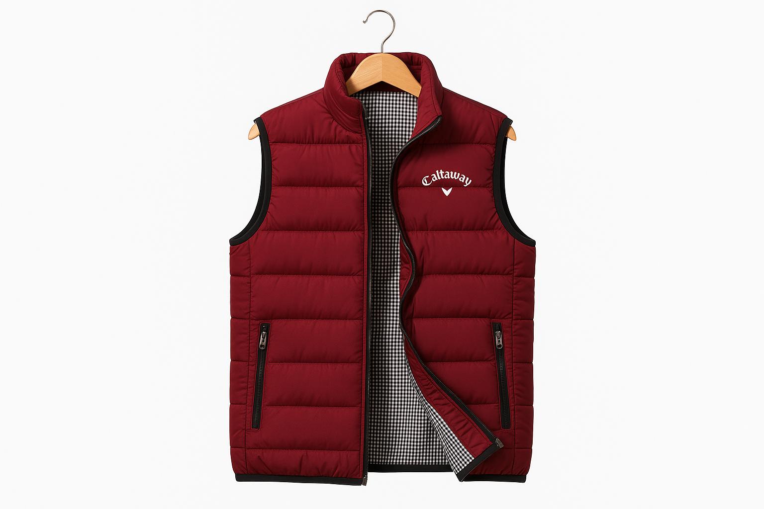 Burgundy quilted vest on hanger