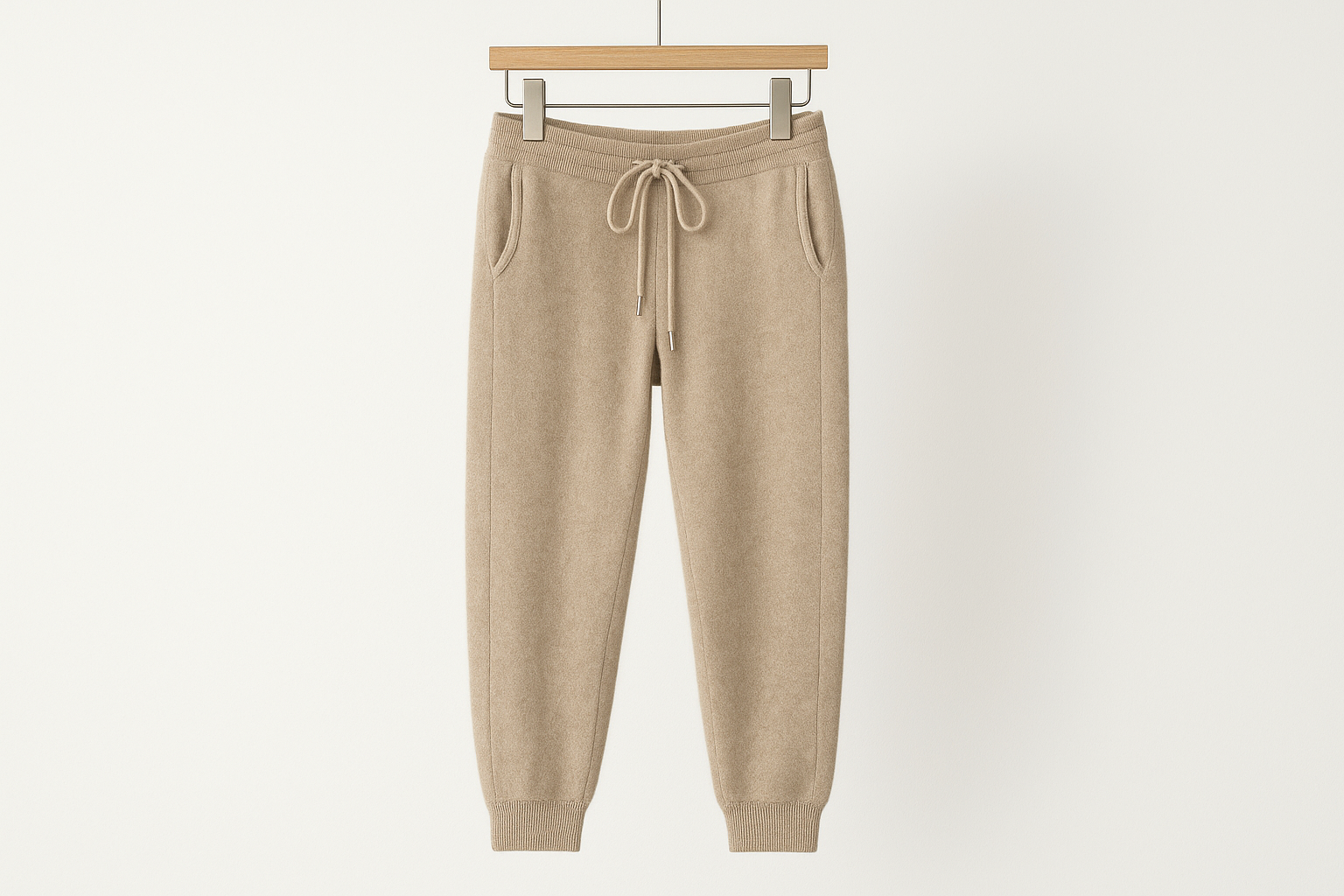 Camel colored merino wool sweat pants hanging on coat hanger