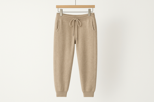 Camel colored merino wool sweat pants hanging on coat hanger