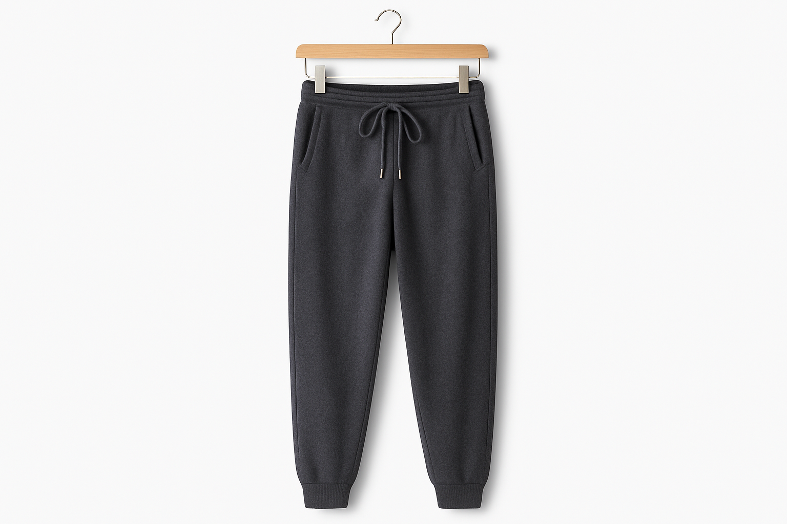 Charcoal gray merino wool sweat pants hanging on coat hanger