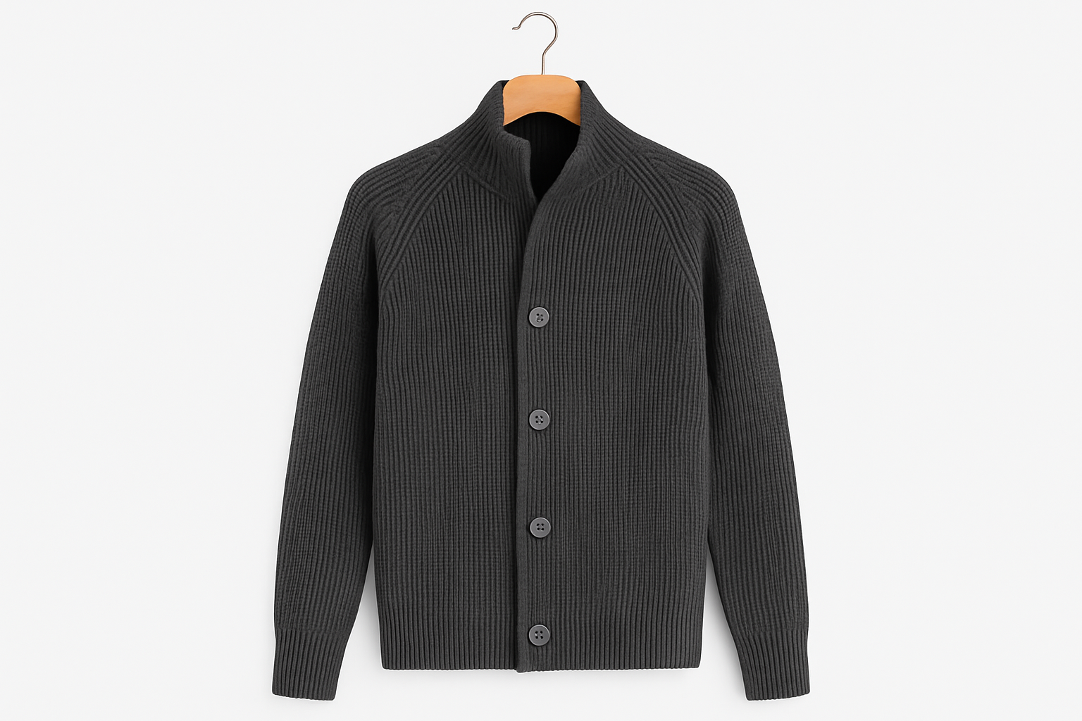 Charcoal gray ribbed knit cardigan hanging on coat hanger