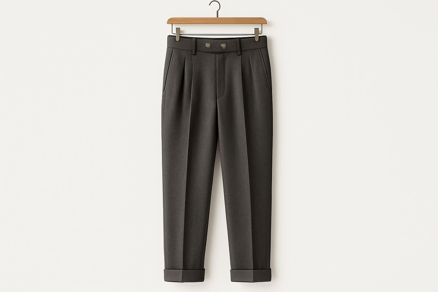 Charcoal gray wool tailored trousers with two buttons hanging on coat hanger