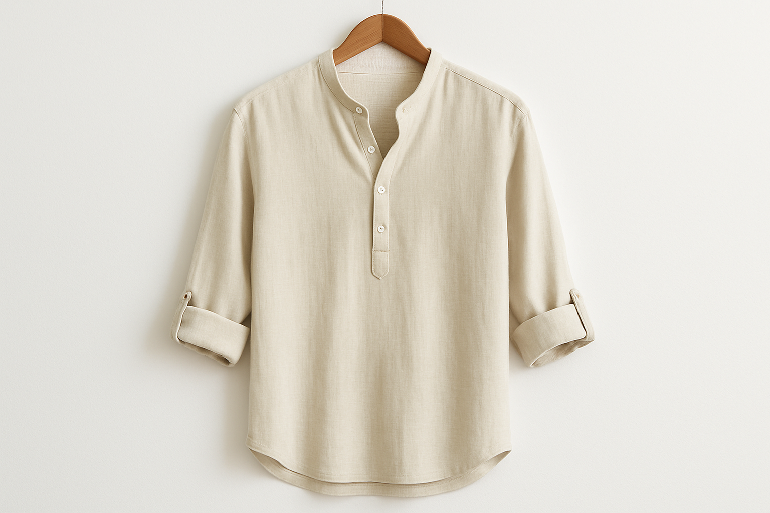 Cream linen henley shirt on coat hanger