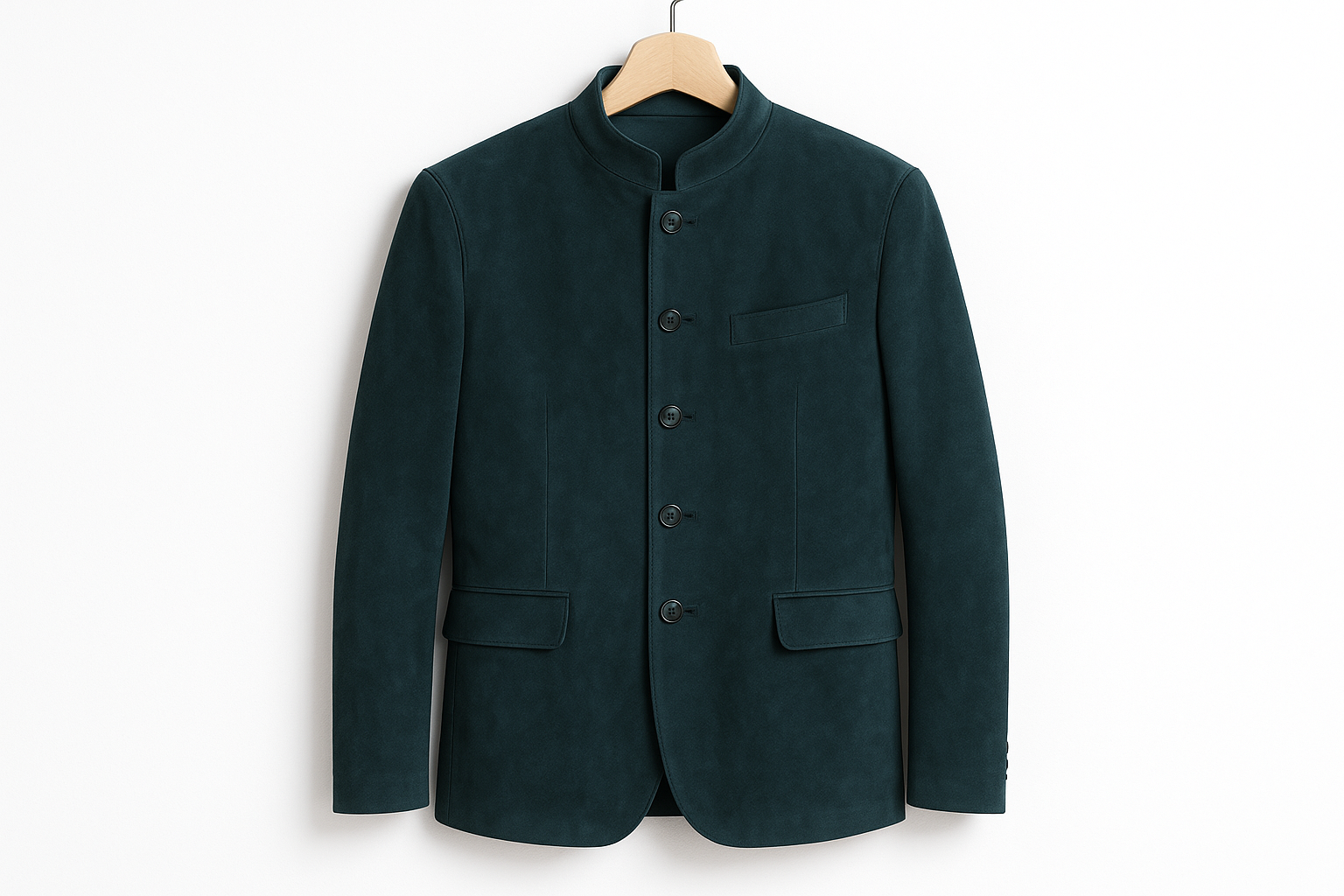 Deep teal blue-green suede coat hanging on coat hanger with accurate color
