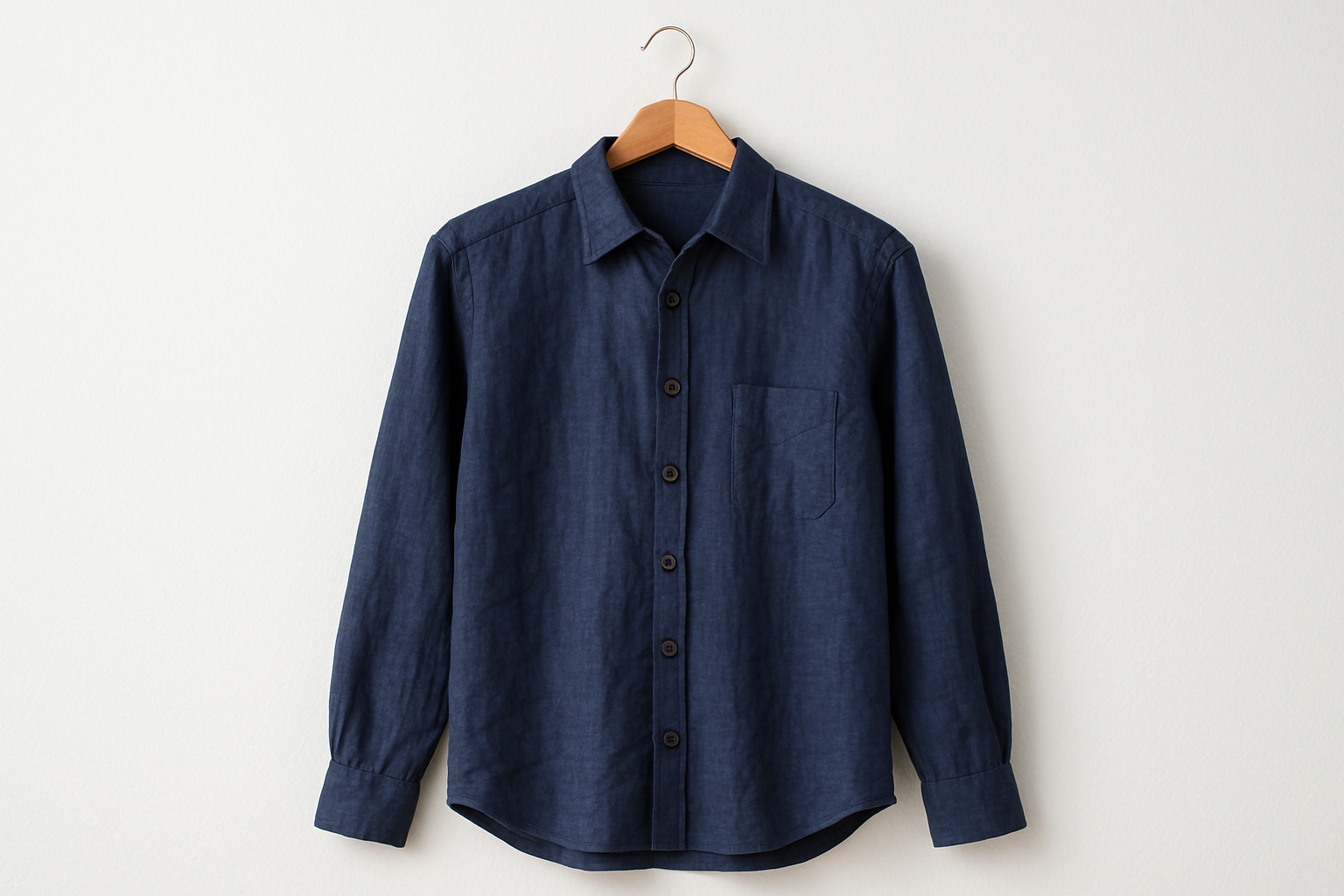 GENERATE A NAVY BLUE LINEN LONG SLEEVE SHIRT ON A COAT HANGER