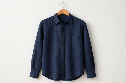 GENERATE A NAVY BLUE LINEN LONG SLEEVE SHIRT ON A COAT HANGER