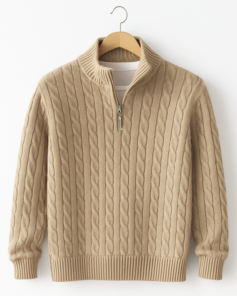 Generated image of beige cable-knit sweater on coat hanger