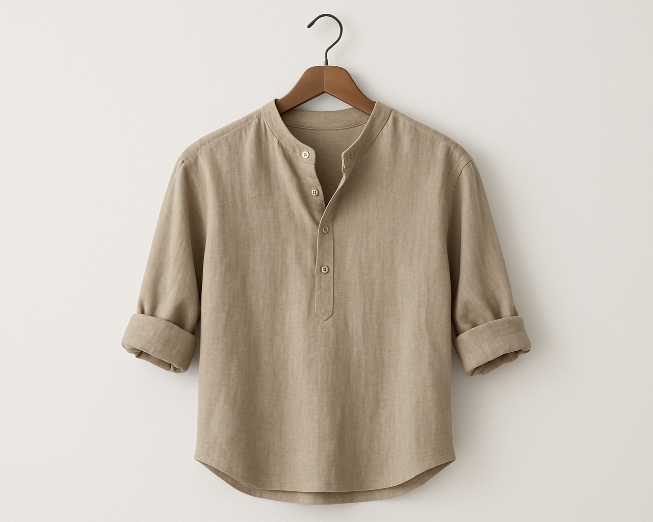 Generated image of beige linen shirt on coat hanger