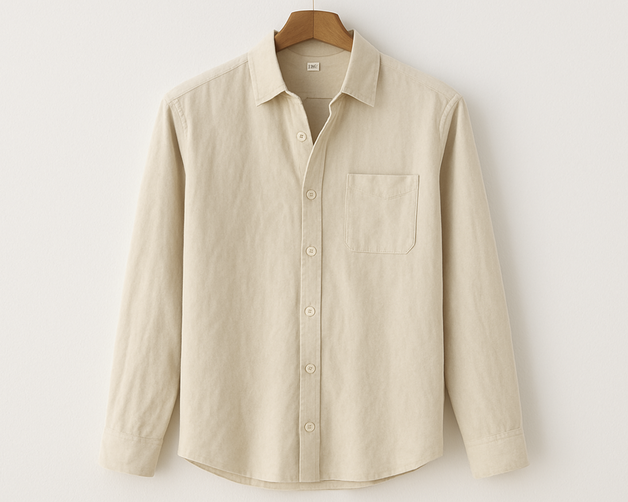 Generated image of beige linen shirt on coat hanger