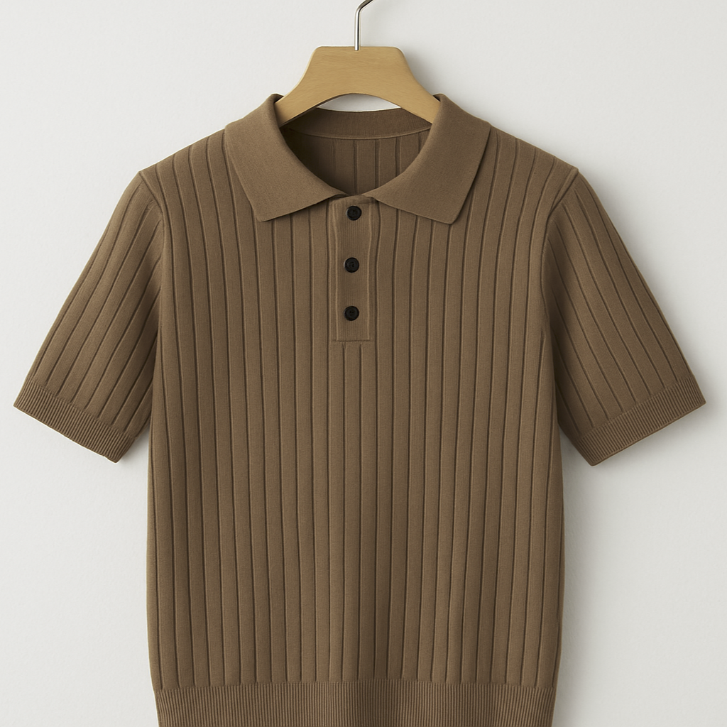 Generated image of brown ribbed knit polo shirt on coat hanger