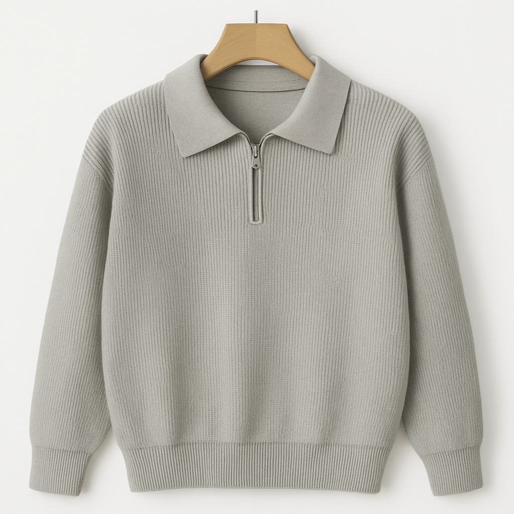 Generated image of gray knit polo sweater on coat hanger