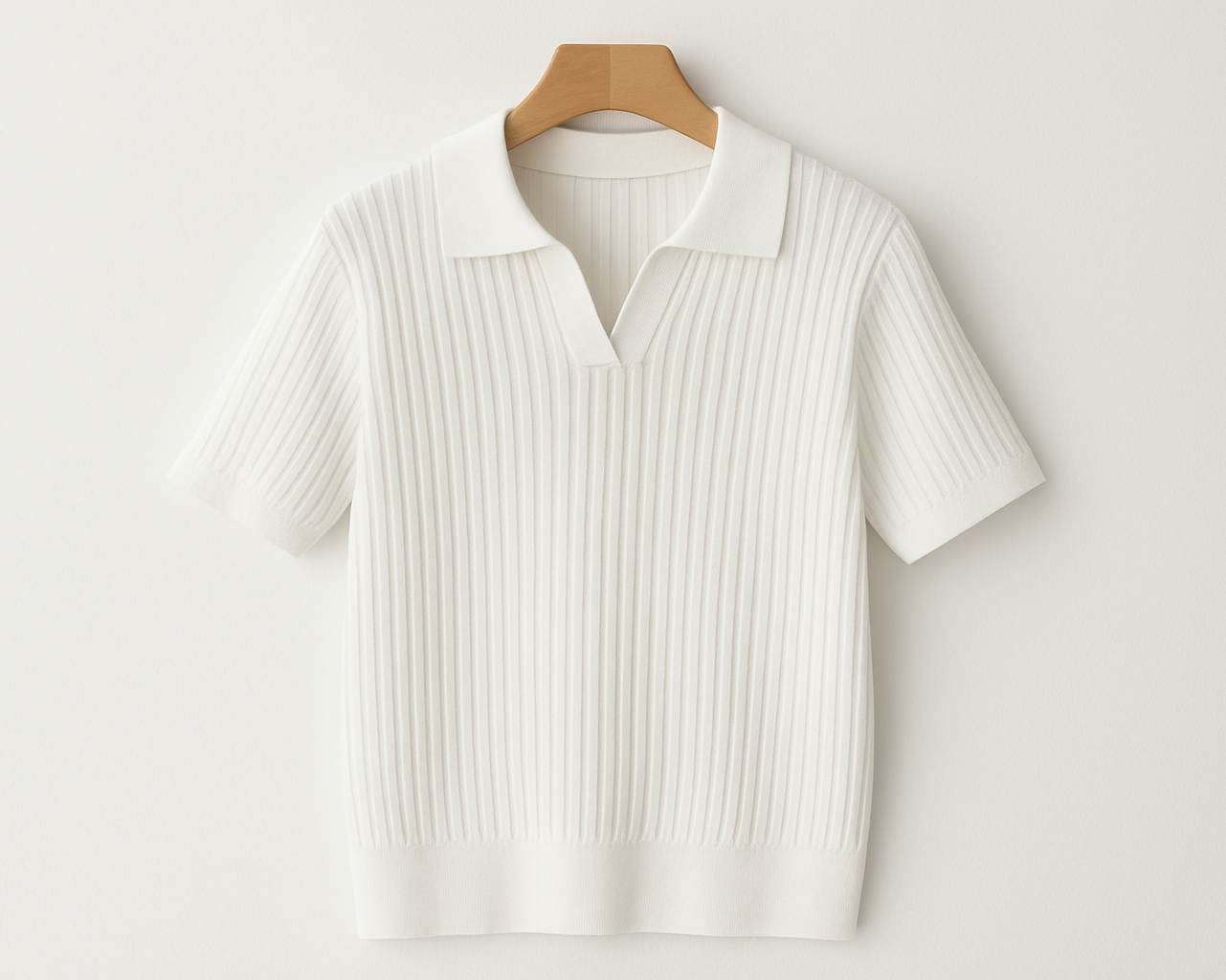 Generated image of white ribbed knit polo shirt on coat hanger