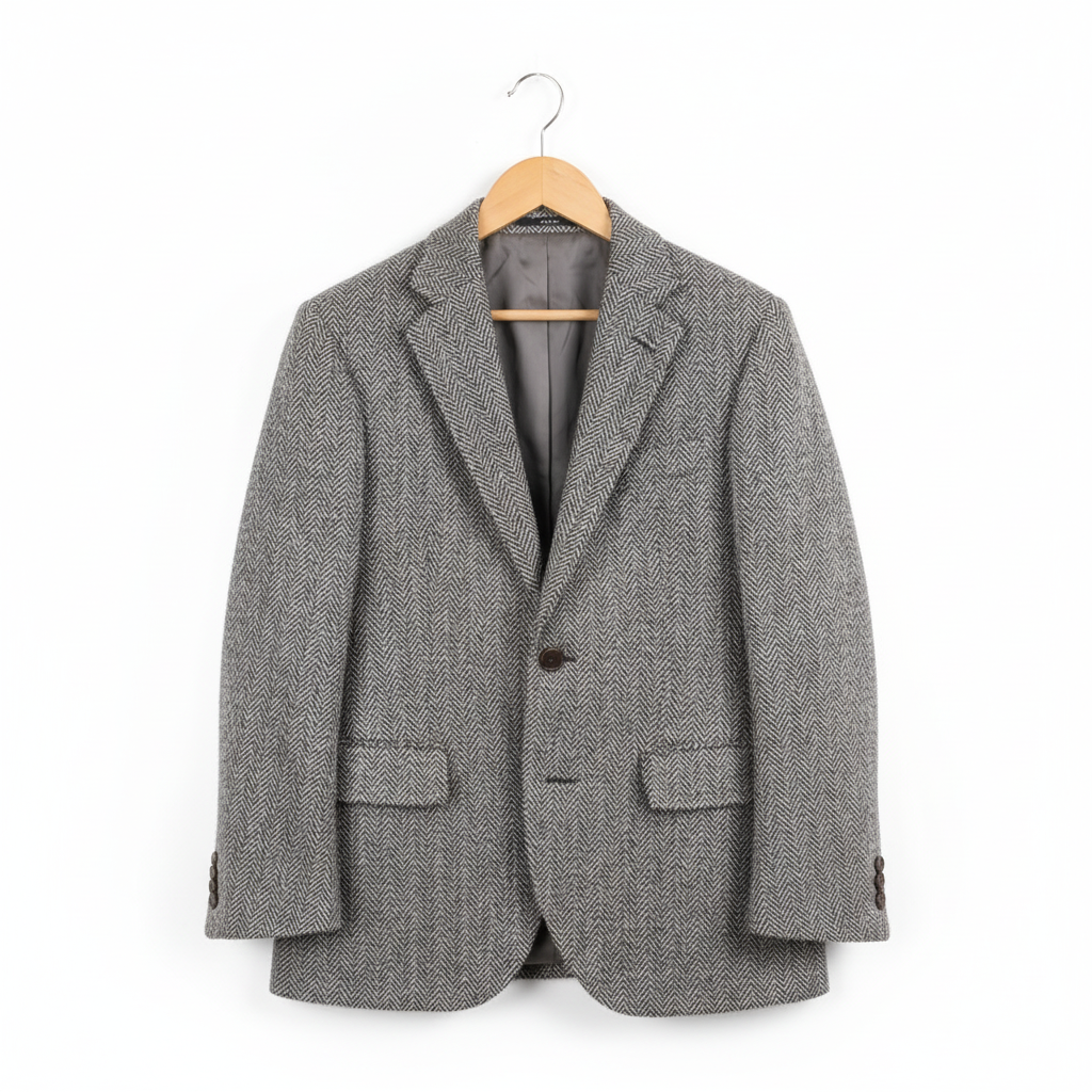 Gray herringbone tweed blazer on coat hanger