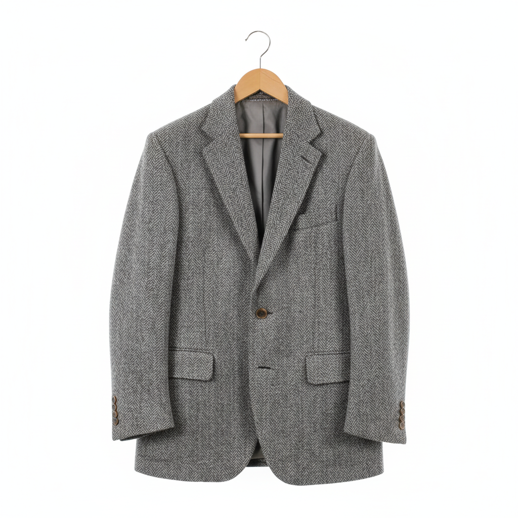 Gray herringbone tweed blazer on coat hanger