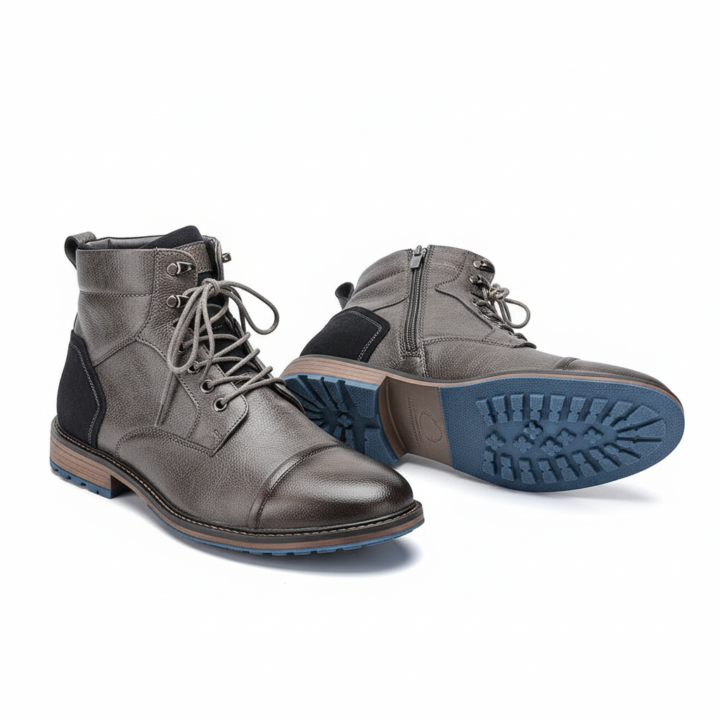Gray leather boots on white background