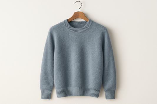 haze-blue cashmere sweater on a coat hanger with white background