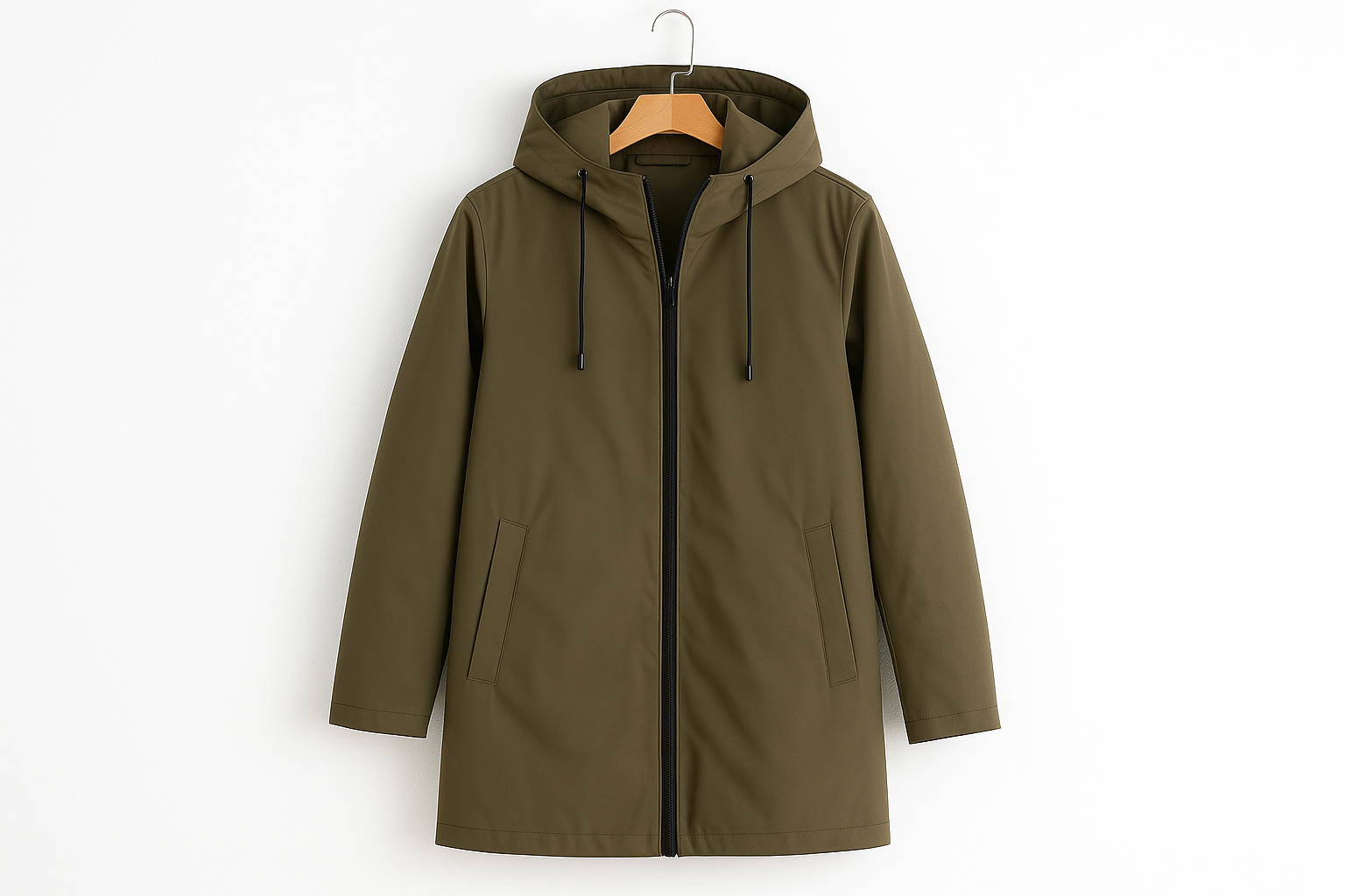 Khaki olive green windbreaker coat with hood hanging on coat hanger